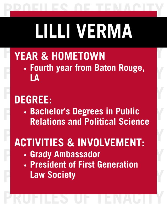 Lilli Verma information box. Year and Hometown: Fourth year from Baton Rouge, Louisiana.
