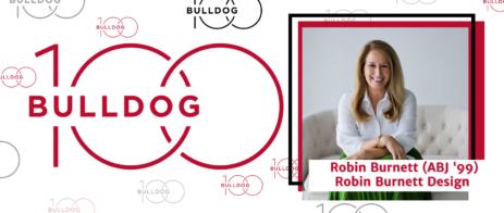 Text: Bulldog 100 - Robin Burnett, (ABJ '99), Robin Burnett Design alongside a picture of Robin Burnett Smiling.