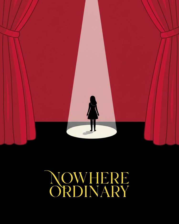 A graphic of a silhouetted woman standing in a spotlight on a stage with parted curtains on each side.