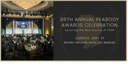 Photo of stage at Peabody Awards with text that reads 86th Annual Peabody Awards Celebration