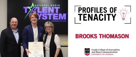 Text: Profiles of Tenacity, Brooks Thomason, alongside a picture of Brooks receiving an award at a National Radio Talent System event.
