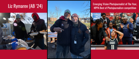 Collage of pictures including a man serving a community meal, Liz Rymarev with and gentleman and fans supporting a basketball player who looks sad.