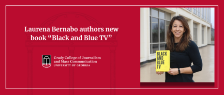 A graphic header with a text reading "Laurena Bernabo's new book analyzes TV's response to the Black Lives Matter movement" with a head shot of her holding the book next to her.