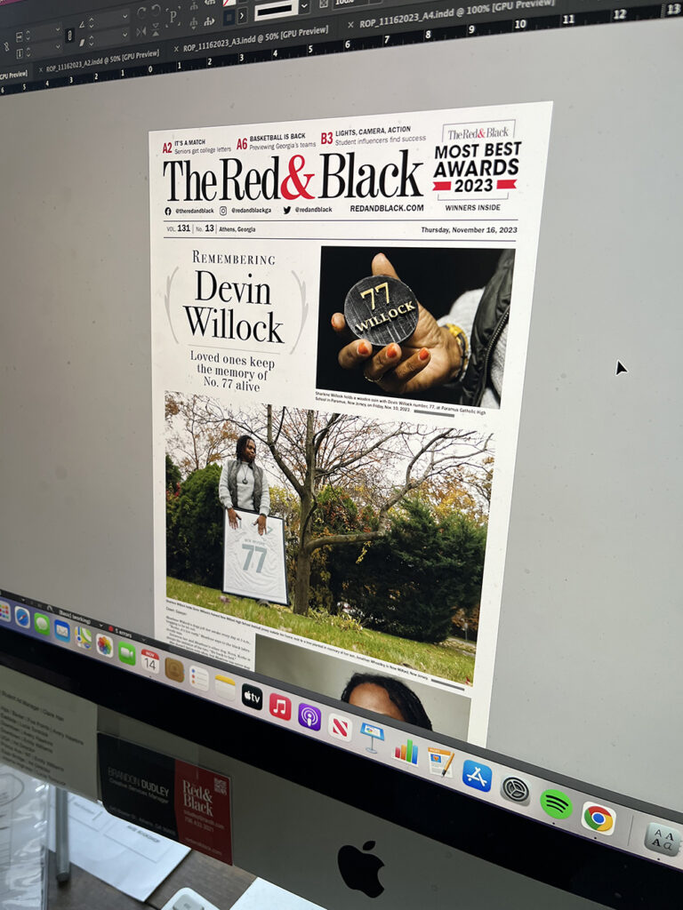 A cover of The Red & Black newspaper as displayed on a computer. The headline reads "Devin Willock" and shows several photos.