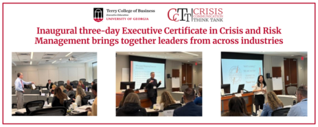 A collage of pictures of CCTT lecturers below a title that reads Inaugural three-day Executive Certificate in Crisis and Risk Management brings together leaders from across industries.