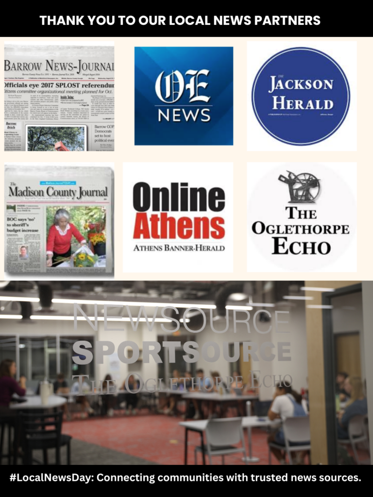 Collage of local news outlet logos above a photo of people sitting at round tables in a community space. Text thanks local news partners and highlights #LocalNewsDay.