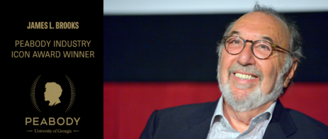 Photo of James L. Brooks smiling with text that reads James L. Brooks, Peabody Industry Award Winner