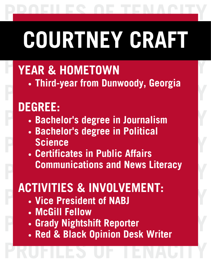 A profile for Courtney Craft lists her year, hometown, degrees, and activities. Courtney Craft is a third-year from Dunwoody, Georgia, with degrees in journalism and political science, and is involved in several campus roles.