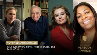 A collection of headshots with a subhead that reads Nominees Announced in Documentary, News, Public Service and Radio/Podcast. The Peabody Awards logo is in the lower right.