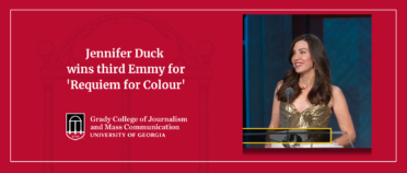 A graphic header with text reading "Jennifer Duck wins third Emmy for 'Requiem for Color,'" and an image of Duck on the left.