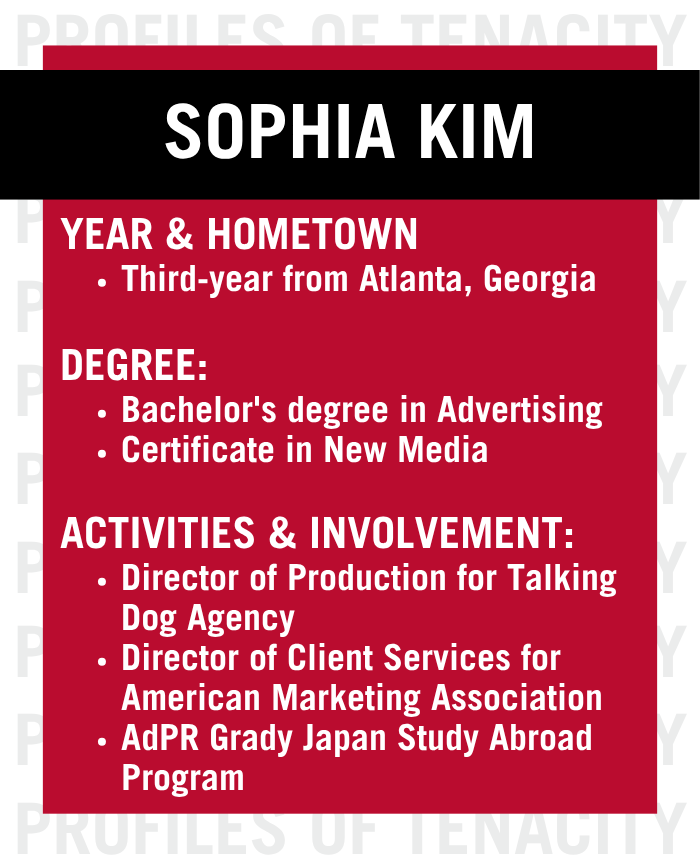 Red and white graphic featuring Sophia Kim: third-year from Atlanta, Georgia; bachelor’s in Advertising; certificate in New Media; leadership roles with Talking Dog Agency, AdPR Japan Study Abroad, and more.