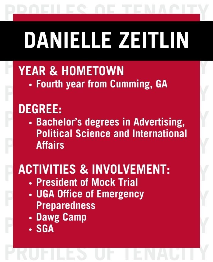 Red and white graphic profile for Danielle Zeitlin, a fourth-year student from Cumming, GA, studying Advertising, Political Science, and International Affairs, highlighting Danielle Zeitlin's leadership roles and campus activities.