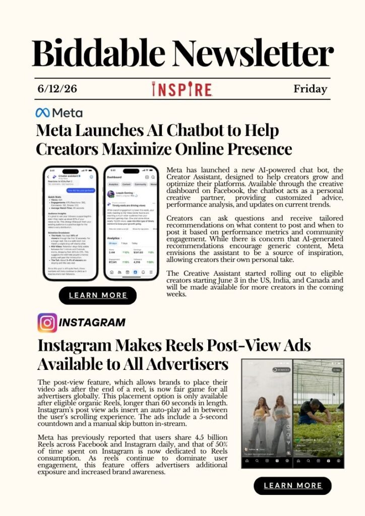 A sample of one of Julia Clemente's newsletter is shown, with information about Meta's new AI chatbot and Instagram's new post-view advertising features.
