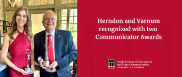 Photo of Charlotte Varnum and Keith Herndon holding awards and headline that reads "Herndon and Varnum recognized with two Communicator Awards."