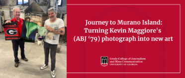 Two men pose for a picture with a headline that reads The journey to Murano Island: Turning Kevin Maggiore's photograph into art. The man on the left holds a UGA flag and a photo of the Northern Lights, while the man on the right holds a vase.