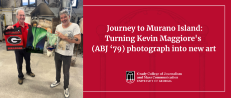 Two men pose for a picture with a headline that reads The journey to Murano Island: Turning Kevin Maggiore's photograph into art. The man on the left holds a UGA flag and a photo of the Northern Lights, while the man on the right holds a vase.