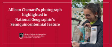 A photograph of Allison Chenard looking at her photo of a Narragansett Indian Tribal Powwow that was published in National Geographic magazine. The headline reads: Allison Chenard's photograph featured in National Geographic’s Semiquincentennial issue.
