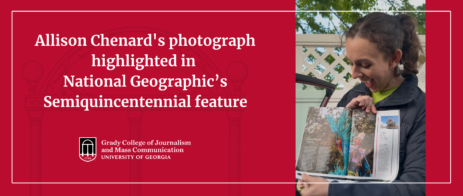 A photograph of Allison Chenard looking at her photo of a Narragansett Indian Tribal Powwow that was published in National Geographic magazine. The headline reads: Allison Chenard's photograph featured in National Geographic’s Semiquincentennial issue.