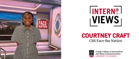 White InternViews graphic with photo of Courtney Craft on the set of CBS Face the Nation.
