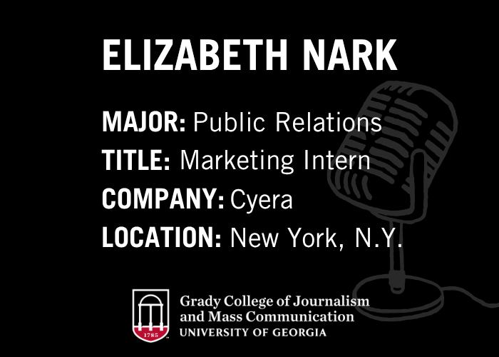 Black InternView graphic reading Elizabeth Nark, Major: Public Relations, Title: Marketing Intern, Company: Cyera, Location: New York, N.Y.