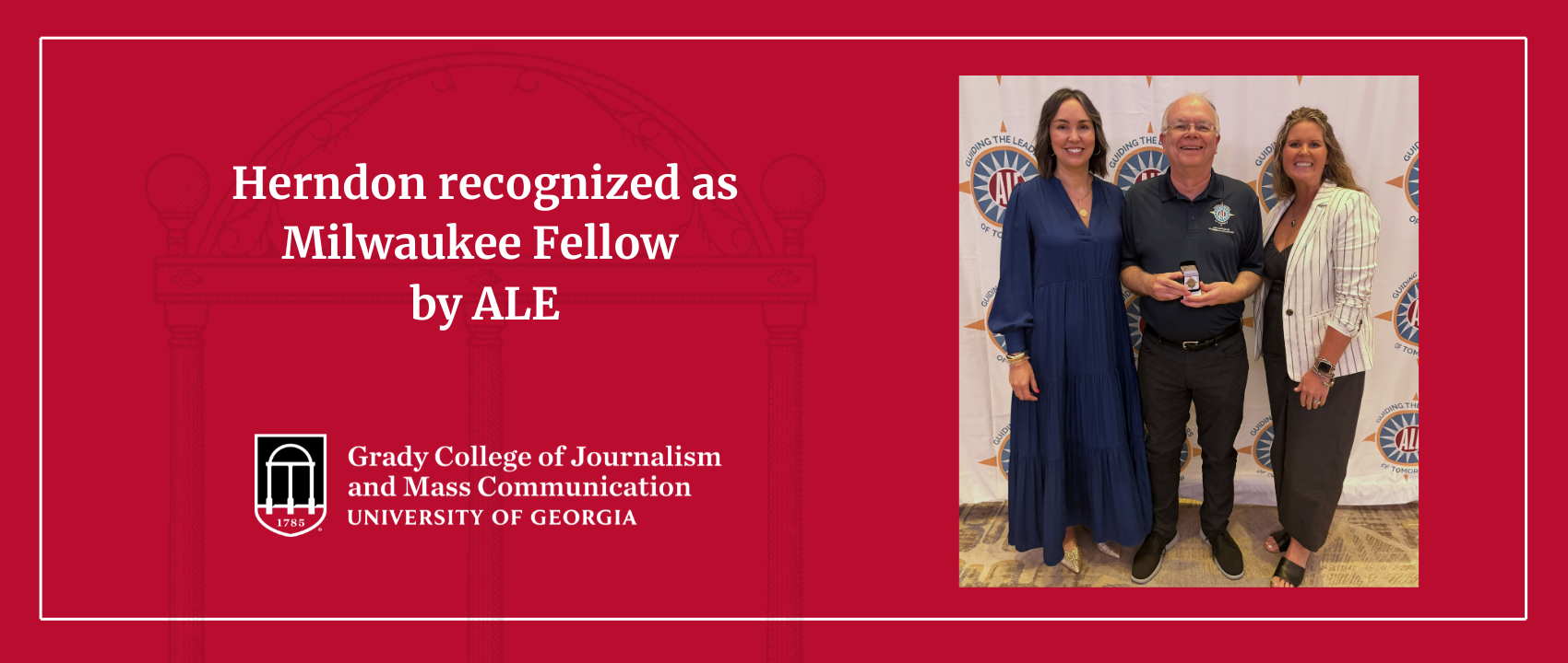 A graphic header image with a photo of Keith Herndon holding an award on the right side with text on the left side reading "Herndon Recognized as Milwaukee Fellow by ALE."