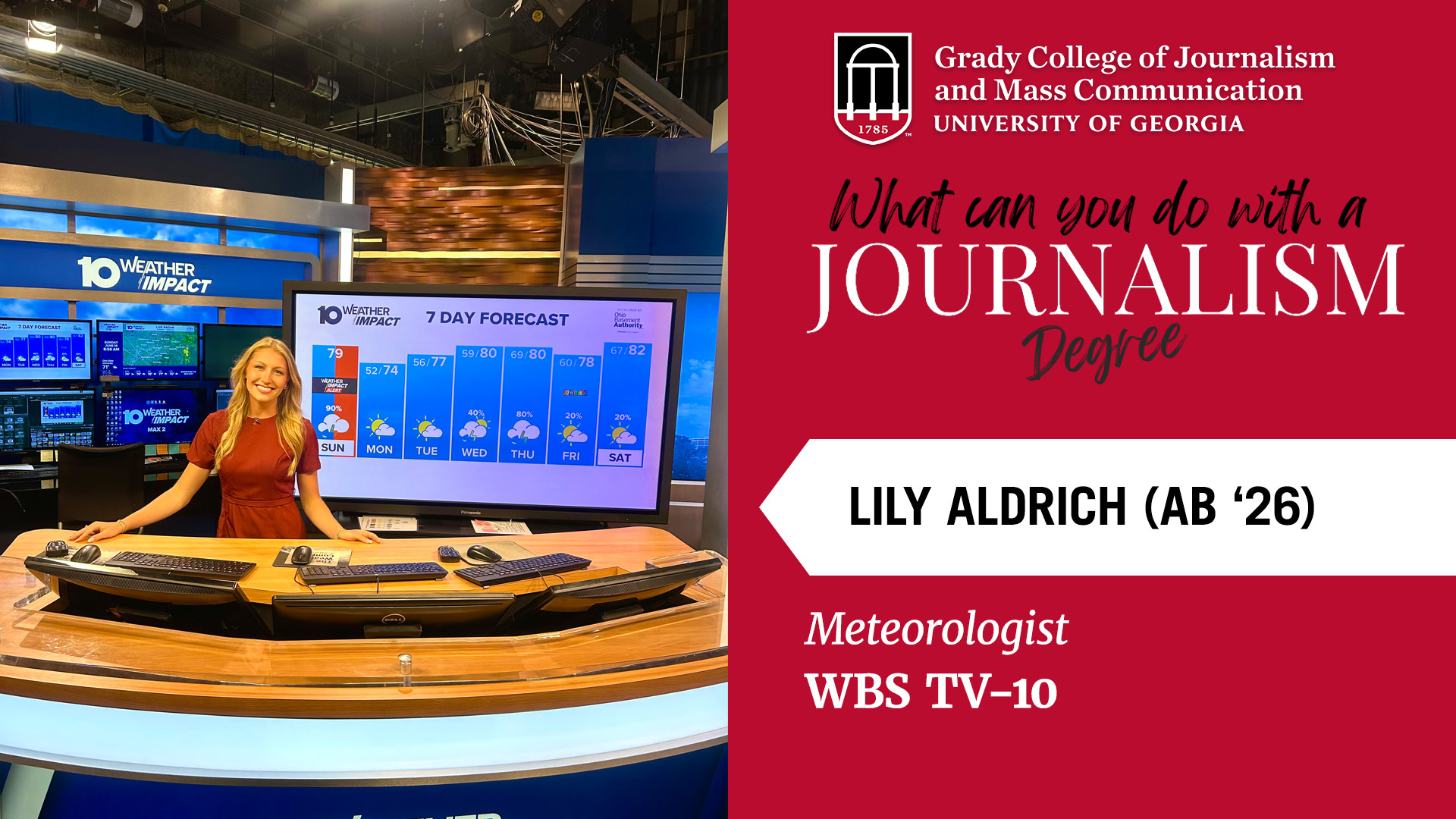 Billboard with a headshot of Lily Aldrich on weather set and headline that reads What can you do with a Journalism degree.