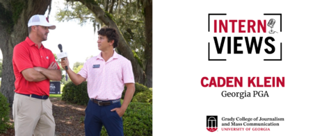 White InternViews header graphic with a picture of Caden Klein interviewing a professional golfer.