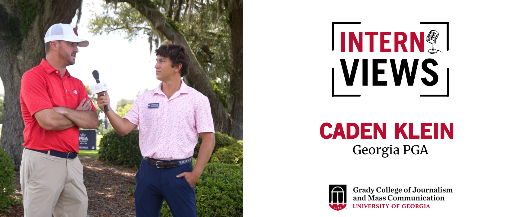 White InternViews header graphic with a picture of Caden Klein interviewing a professional golfer.