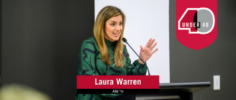 A graphic header depicting Laura Warren speaking in front of a crowd with her name and UGA graduating year in front of her and the symbol "40 Under 40" in the top right.