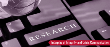Close-up photo of a computer keyboard with the word research superimposed on of the keys. A banner reads Interplay of Integrity and Crisis Communication.