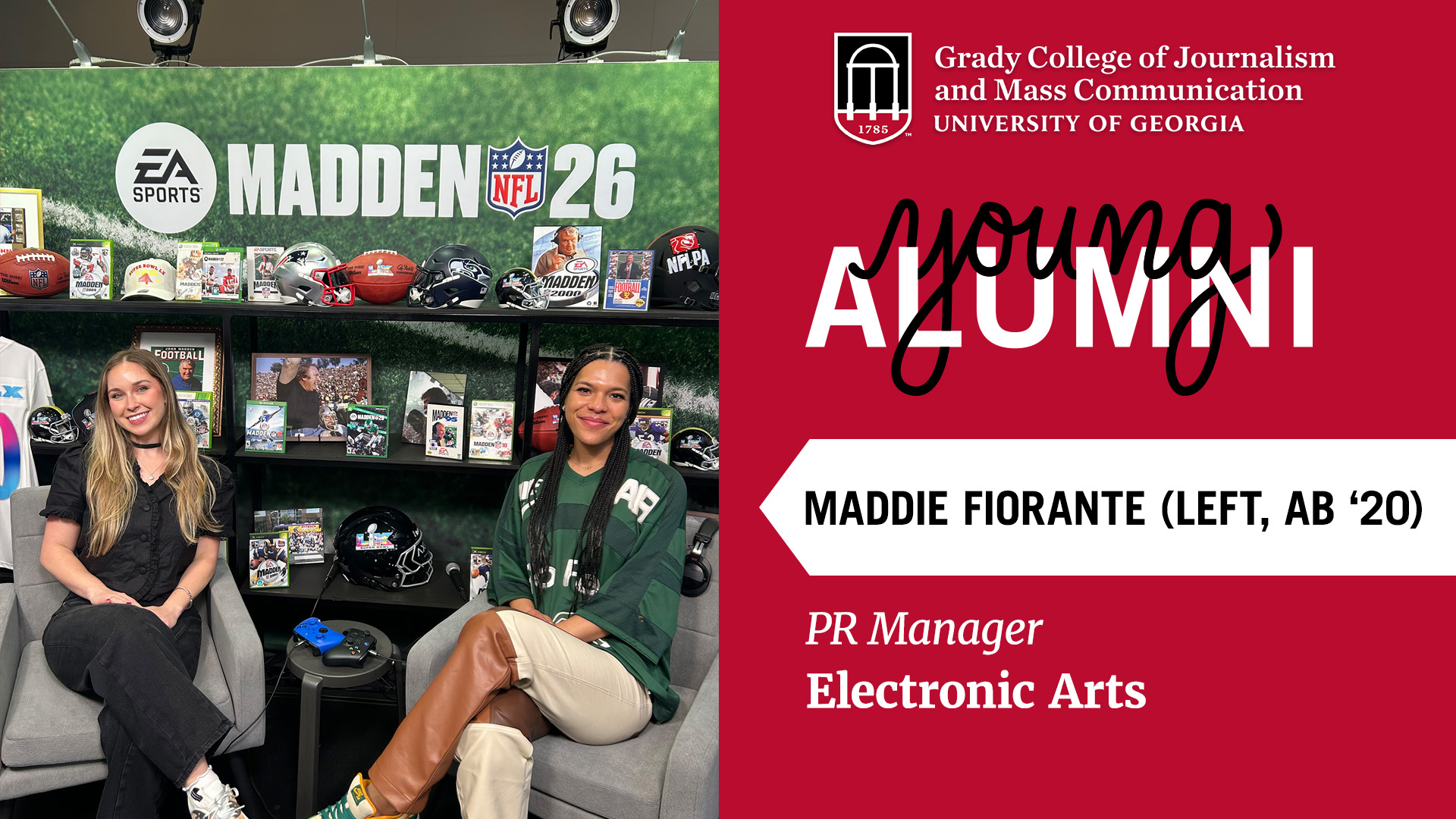 Maddie Fiorante sits on a set with a colleague for Madden NFL 26 video game. Shelves with photos and video games are i the background.