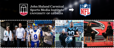 A collage of four images of people working with football teams. At the top are the Carmical Sports Media Institute logo and the NFL logo.