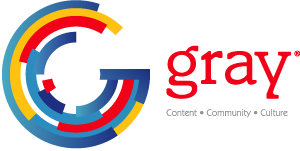 A graphic depicting Gray Media with the word "gray" in large font, and "Content, Community, and Culture" smaller.
