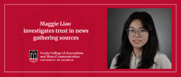 A graphic with the text "Maggie Liao investigates trust in news gathering sources," with a headshot of her next to it.