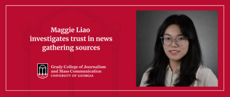 A graphic with the text "Maggie Liao investigates trust in news gathering sources," with a headshot of her next to it.