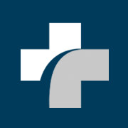 A white medical cross with a gray curved shape overlapping its lower right side, set against a dark blue background.