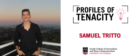 While Profiles of Tenacity graphic with text: Samuel Tritto and a headshot of Samuel Tritto at sunset.