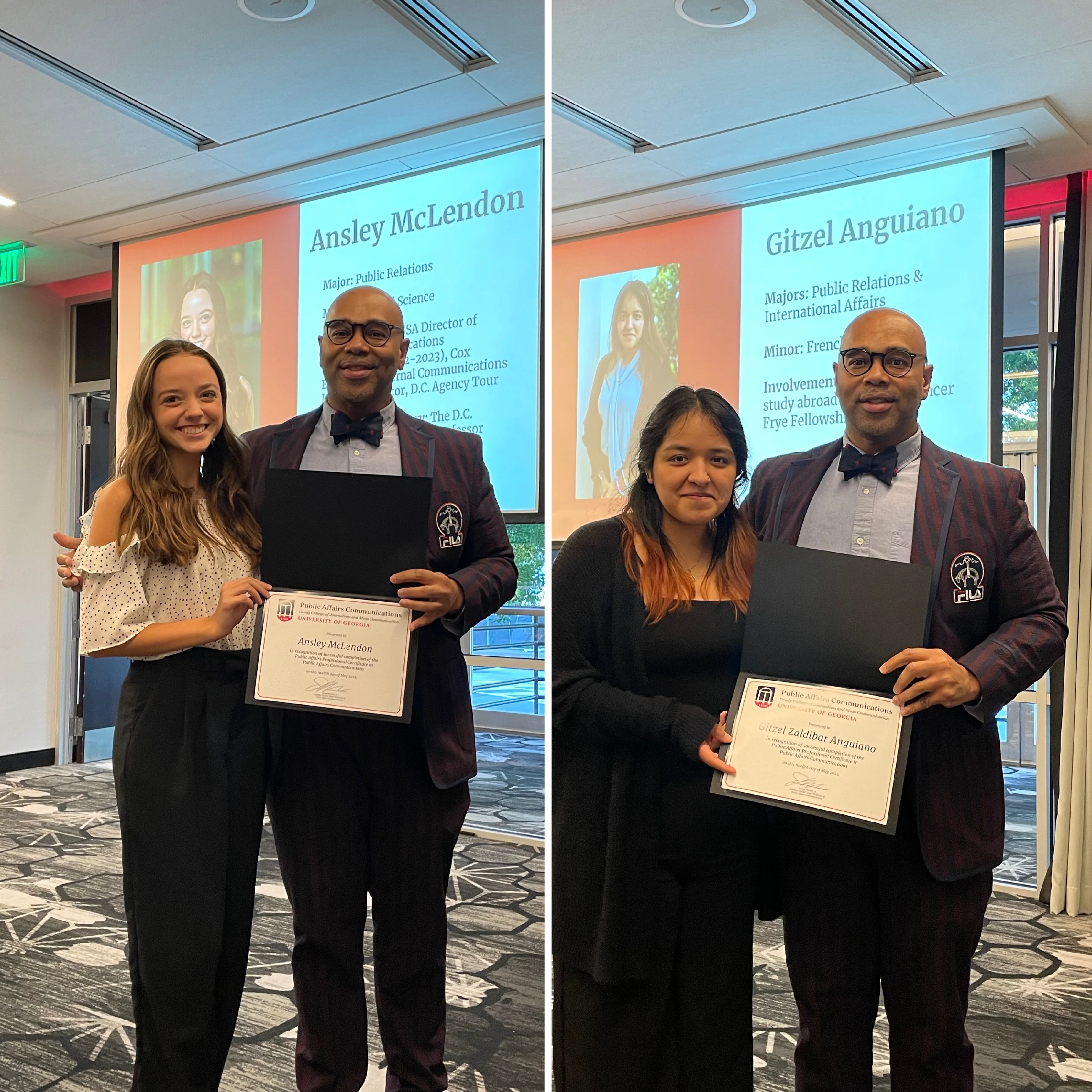 Ansley McLendon (left) and Gitzel Aguiano (right) holding their PAC certificates with Professor Watson.