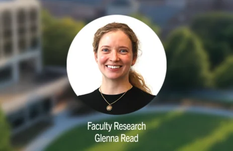 Headshot of Glenna Read over blurred out image of Grady College