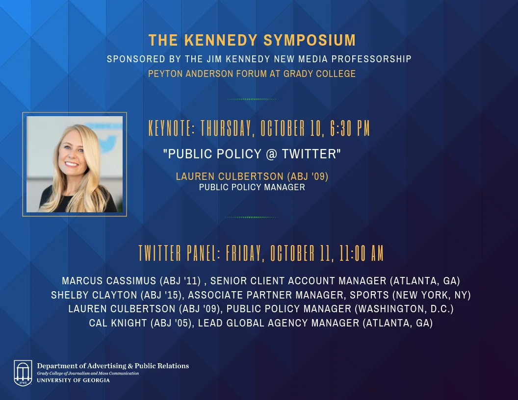 Promotional flyer for The Kennedy Symposium at the University of Georgia, featuring keynote Lauren Culbertson and a public relations panel with five professionals, event dates October 10-11, 2019, with headshot of a smiling woman.