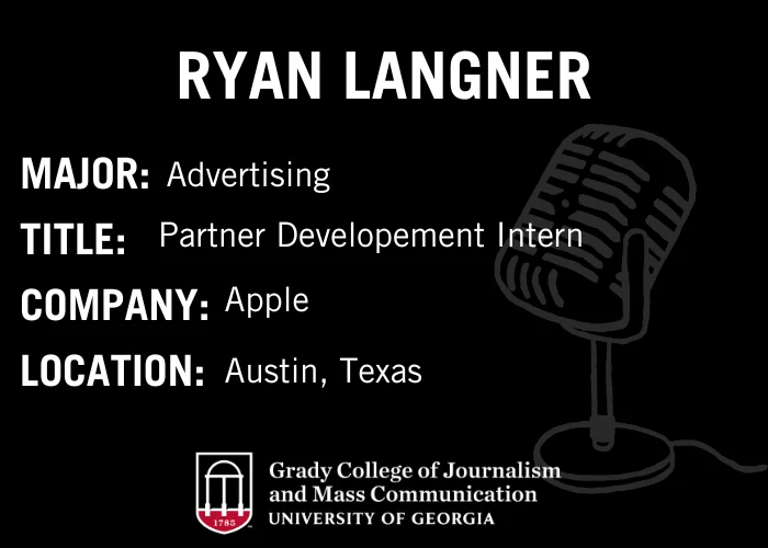 Profile for Ryan Langner showing major in Advertising, title as Partner Development Intern at Apple, located in Austin, Texas, with a Grady College of Journalism and Mass Communication logo.
