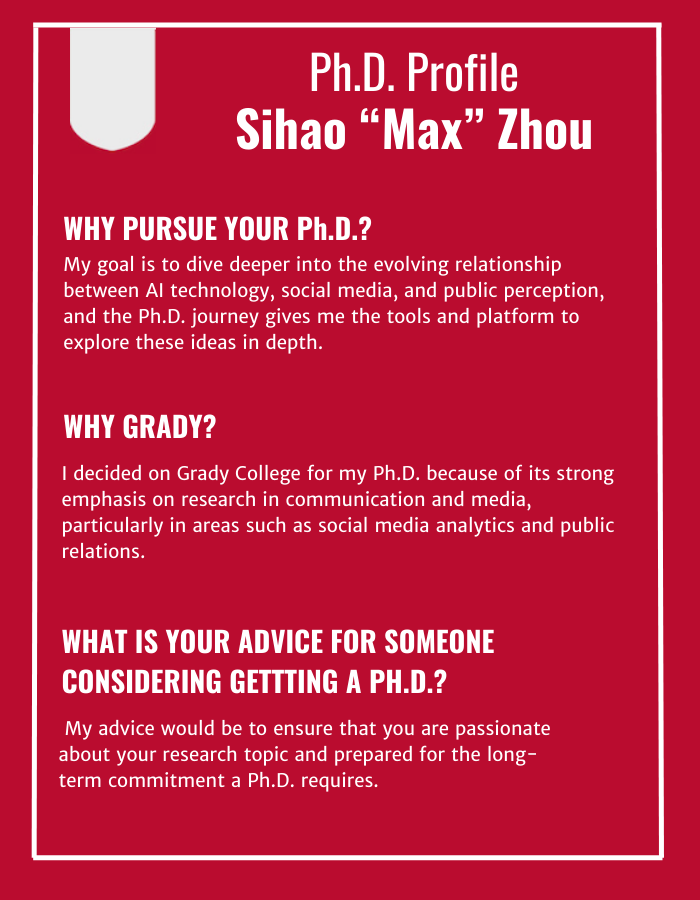 A red and white graphic features Sihao “Max” Zhou’s Ph.D. profile, including his reasons for pursuing a Ph.D., his choice of Grady College, and his advice for prospective Ph.D. students.