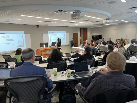 Yan Jin talks in front of a large group of people in a classroom.