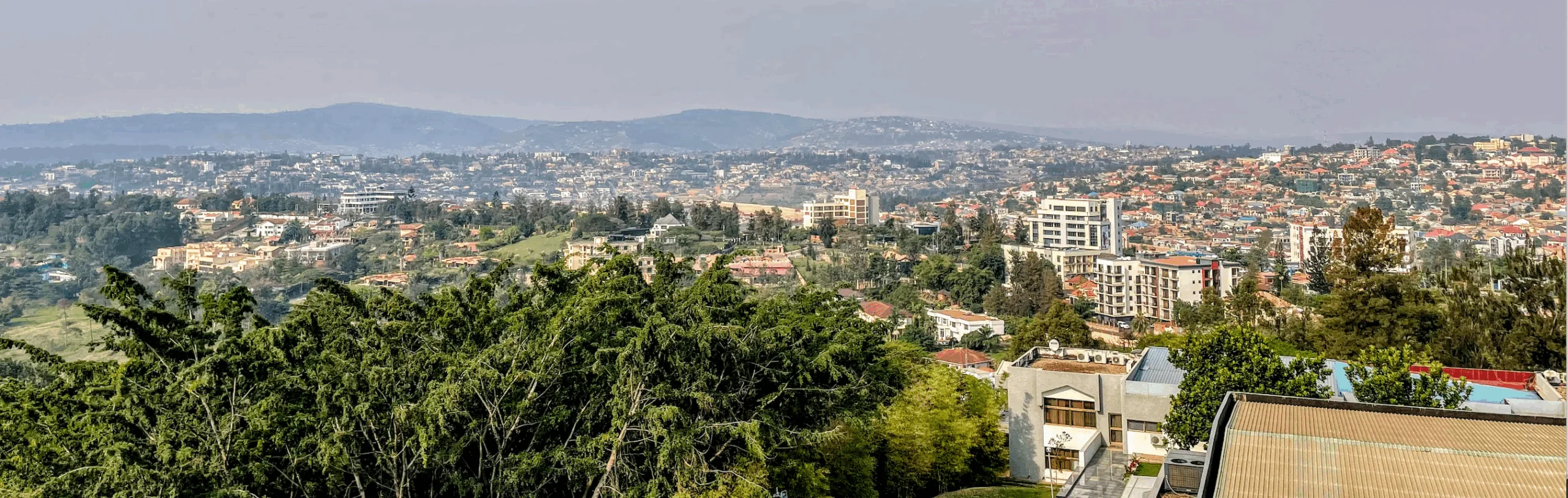 Buildings are set behind trees in an aerial view of a city in Rwanda.