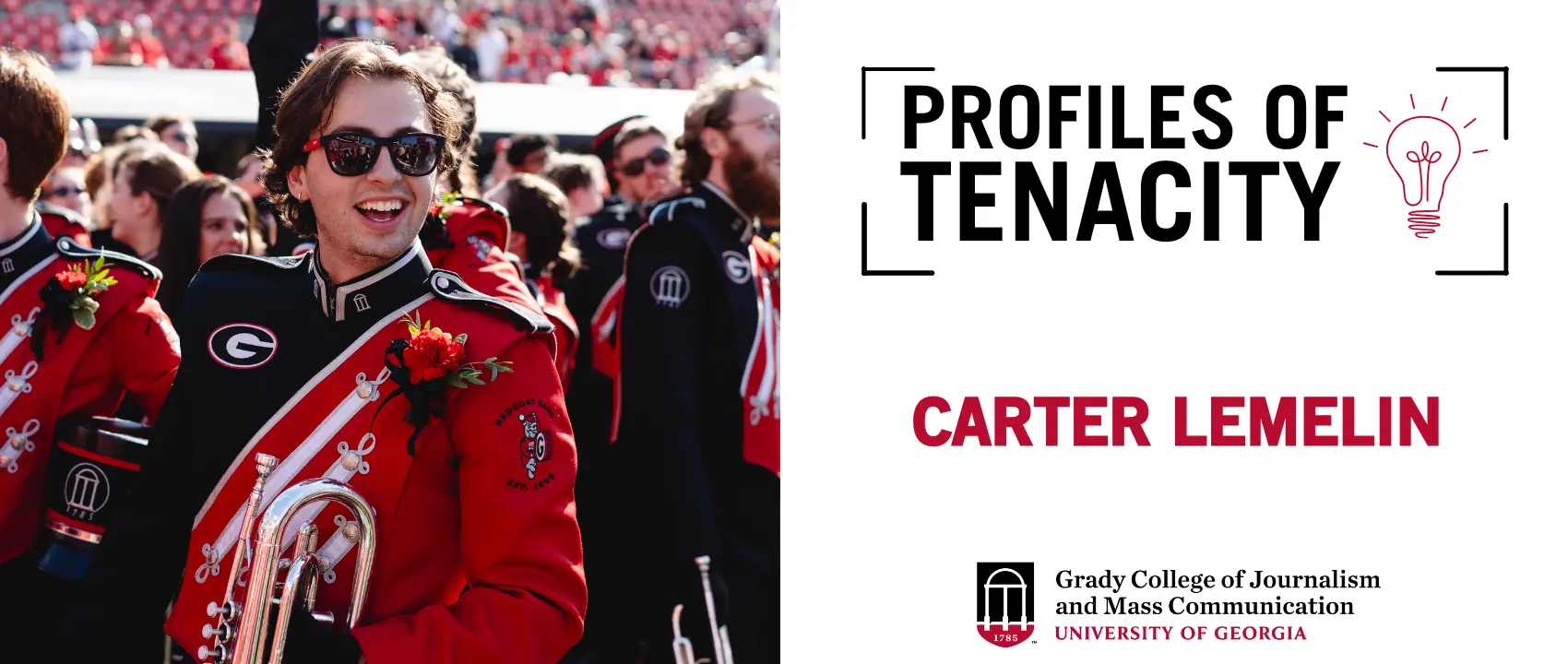 Carter Lemelin is pictured smiling in his Redcoat Band uniform at a UGA football game.