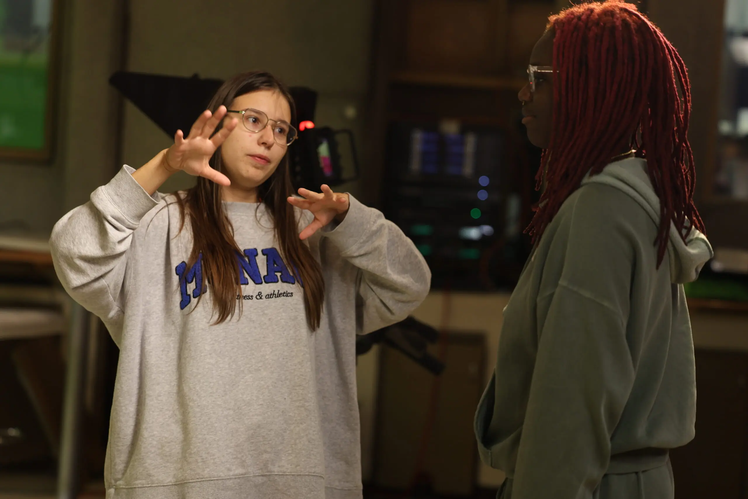 students working on set