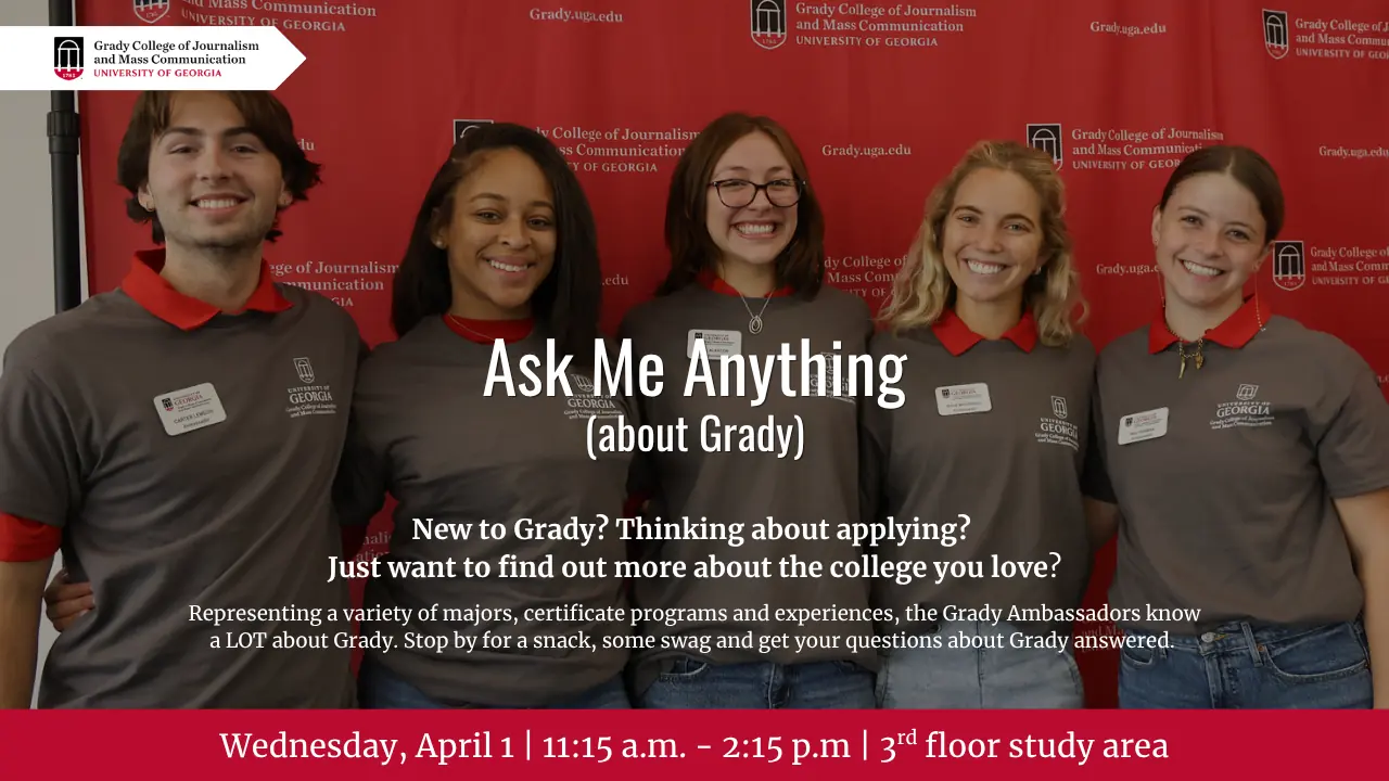 A flyer with a group of Grady Ambassadors smiling, posed in front of a Grady-themed backdrop.