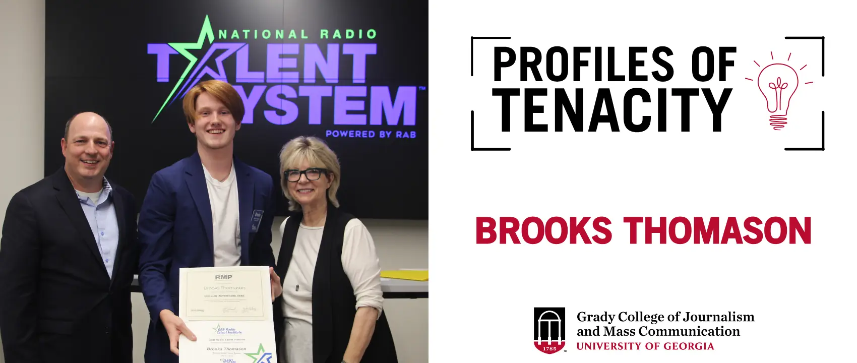 Text: Profiles of Tenacity, Brooks Thomason, alongside a picture of Brooks receiving an award at a National Radio Talent System event.