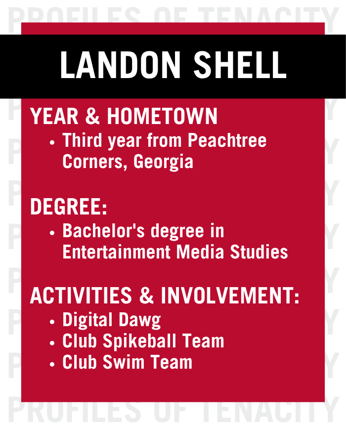 Red and white profile card for Landon Shell, a third-year student from Peachtree Corners, Georgia studying Entertainment Media Studies. Landon Shell is involved in Digital Dawg, Club Spikeball Team, and Club Swim Team.