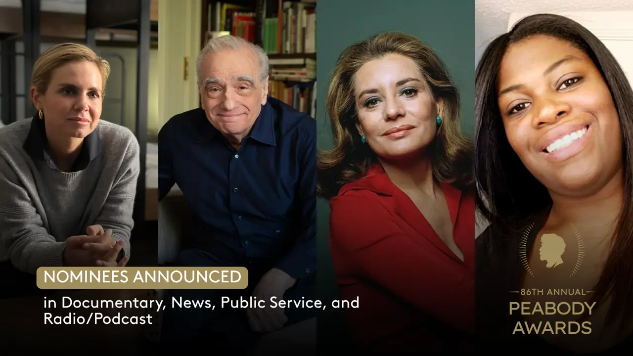 A collection of headshots with a subhead that reads Nominees Announced in Documentary, News, Public Service and Radio/Podcast. The Peabody Awards logo is in the lower right.